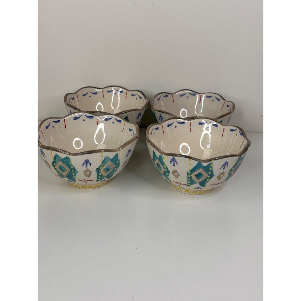 Set Of 4 Hand-Painted Southwest Aztec Boho Ceramic Bowls With Scalloped Edges